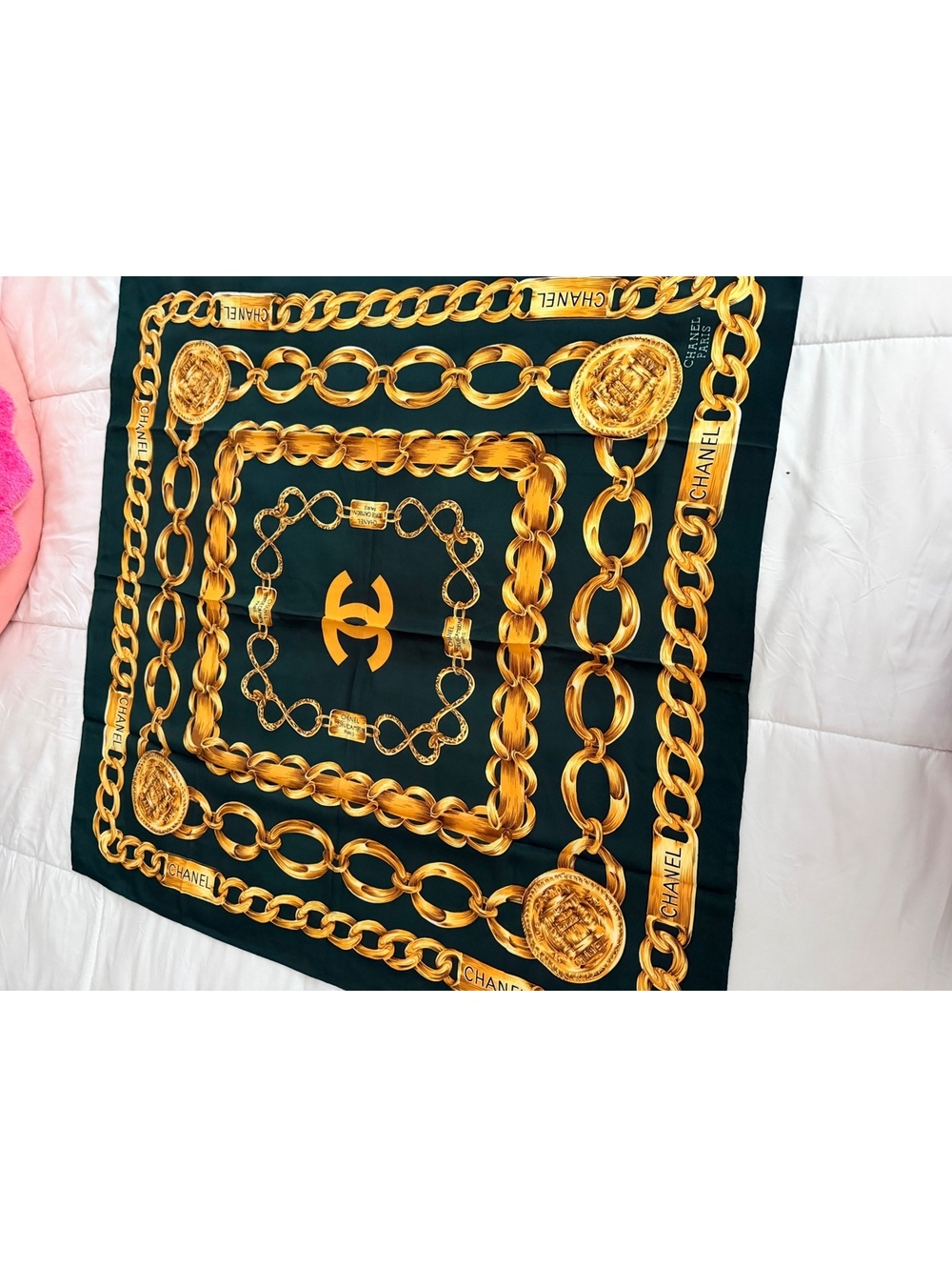 Chanel Classic Green and Gold Chain Print Silk Scarf